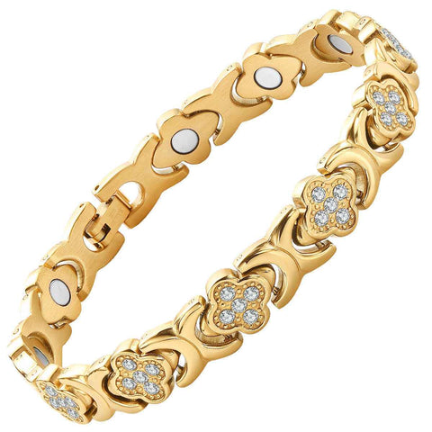 Gold New Fashion Lightweight Luxury Four-Leaf Clover Diamond Inlaid Bracelet - Alloy Magnetic Watch Band Style Bracelet for Women + Free Disassembly Tool