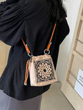 Chic Drawstring Bucket Bag with Intricate Print - Adjustable Rope Strap, Lightweight Fabric(Pink)