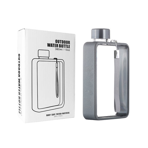 Slim Tritan Flat Water Bottle - 380ml BPA-Free, Leakproof with Leather-Textured Sleeve & Strap(grey)