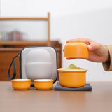 Portable Ceramic Tea Set for Travel - Quick Gaiwan with 3 Cups & Carrying Case(Orange)
