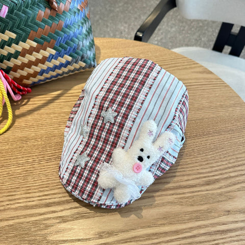 Patchwork Plaid Cotton Cap with Decorative Details(red)