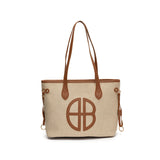 Stylish Large Capacity Tote Bag with PU Leather Trim & Logo Detail(Beige with brown)