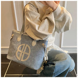 Stylish Large Capacity Tote Bag with PU Leather Trim & Logo Detail(Blue with Silver)