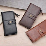 Black Men's Vintage PU Leather Long Wallet - High Capacity Dual Zipper Clutch with Phone & Card Slots