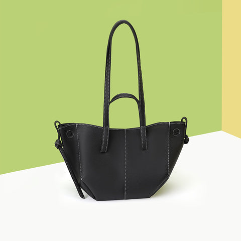 Black Chic Minimalist PU Leather Tote Bag - Women's Versatile Shoulder Handbag with Contrast Stitching