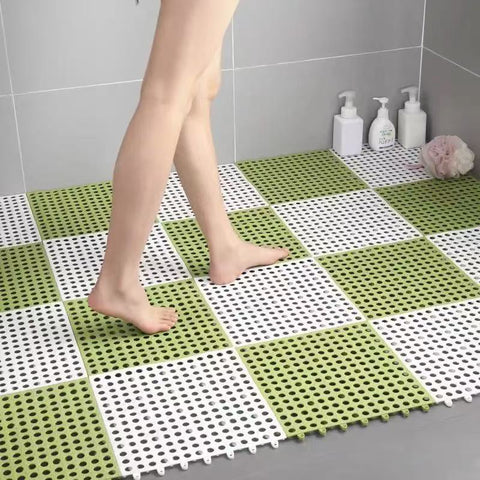 White And Green DIY Interlocking Non-Slip Floor Tiles - 18-Pack PVC Drainage Mat for Shower & Bathroom Safety