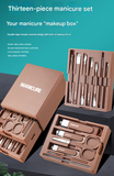 Brown Premium 13-in-1 Manicure & Grooming Kit - Professional Carbon Steel Pedicure Set with Dual-Drawer Case & Mirror