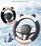 Pink Stitching White Plush Cat Ear Steering Wheel Cover - Cute & Fuzzy Winter Grip, Universal 38cm Fit