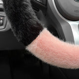White Plush Cat Ear Steering Wheel Cover - Cute & Fuzzy Winter Grip, Universal 38cm Fit