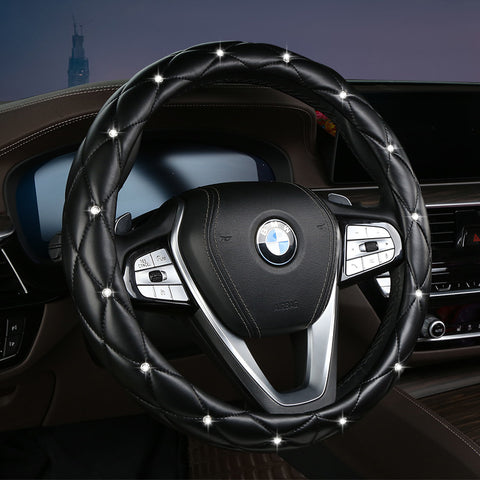 Black Luxury Bling Steering Wheel Cover - Black Quilted Leather with Crystal Rhinestones, Universal 38cm Fit