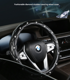 Red Luxury Bling Steering Wheel Cover - Black Quilted Leather with Crystal Rhinestones, Universal 38cm Fit