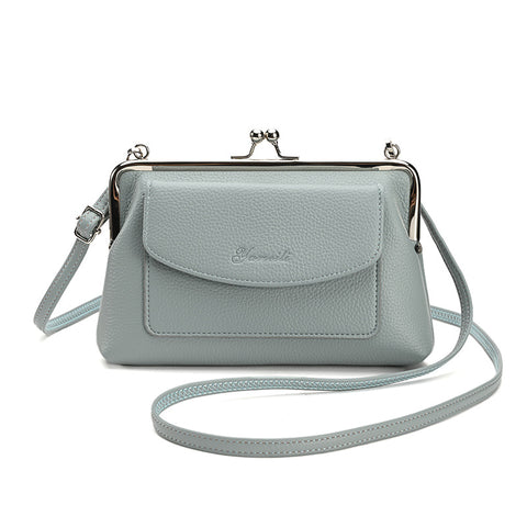 Blue Women's Vintage Kiss Lock Crossbody Bag - PU Leather Clutch Purse with Detachable Strap