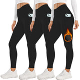 Size L Black Women's Mid Waist Plush Leggings with Pockets - Autumn and Winter Leggings with Pockets