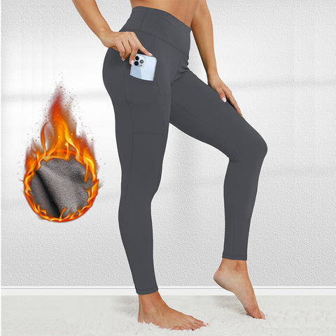 Size S Grey Women's Mid Waist Plush Leggings with Pockets - Autumn and Winter Leggings with Pockets