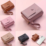 Black Chic Compact Trifold Wallet for Women - PU Leather Card Holder with Zipper Coin Purse & Wristlet Strap