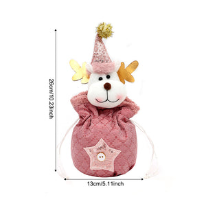 3 Pack Pink Christmas Drawstring Gift Bags Plush 3D Santa Snowman Reindeer Candy Pouches for Holiday Favours