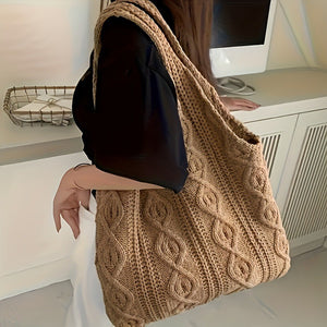 Khaki twist Bohemian Knit Shoulder Bag - Hand-Woven Crochet Tote for Women