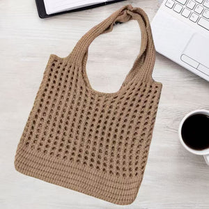 Khaki  large holes Bohemian Knit Shoulder Bag - Hand-Woven Crochet Tote for Women