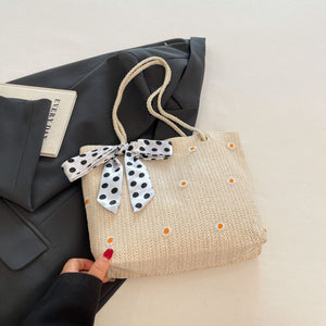 White Women's Straw Woven Tote Bag Summer Daisy Embroidery Shoulder Handbag with Ribbon Scarf