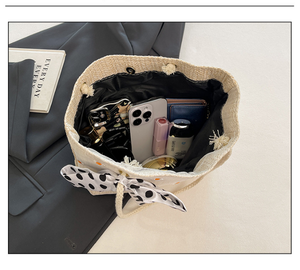 White Women's Straw Woven Tote Bag Summer Daisy Embroidery Shoulder Handbag with Ribbon Scarf