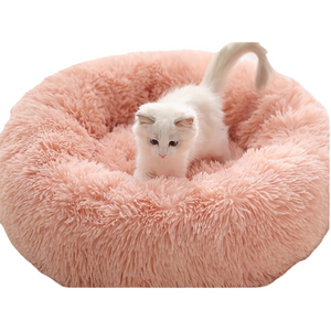 Pink Cozy Donut Long Plush Cat & Dog Calming Bed(Diameter 50cm) - Double-Layer PP Cotton Filling Warming Pet Bed with Anti-Slip Base & Free Blanket