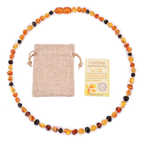 Genuine Baltic Amber Necklace for Baby & Toddler - 33cm Hand Knotted Multi-Colour Mixed Beads - Certified Natural Jewellery with Pouch