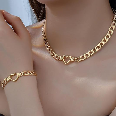 Style 1 Trendy Gold-Plated Heart Necklace & Bracelet Set - Tarnish Free Alloy Cuban Link Jewelry for Fashionable Women