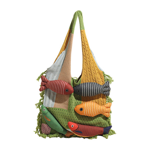 Green handbag strap Knitted Patchwork Tote Bag – Spacious, Fringed, Single-Shoulder Design