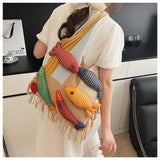 Green handbag strap Knitted Patchwork Tote Bag – Spacious, Fringed, Single-Shoulder Design