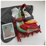 Green handbag strap Knitted Patchwork Tote Bag – Spacious, Fringed, Single-Shoulder Design