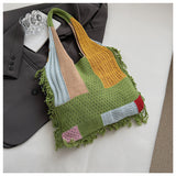 Green handbag strap Knitted Patchwork Tote Bag – Spacious, Fringed, Single-Shoulder Design
