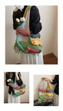 Green handbag strap Knitted Patchwork Tote Bag – Spacious, Fringed, Single-Shoulder Design