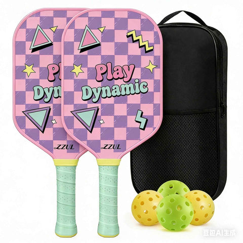 Pink and Purple Pickleball Paddle Set - Fiberglass Face with PP Honeycomb Core, 2 Paddles 4 Balls & Carry Bag - Lightweight Vibration Dampening Grip for Beginners & Family Play