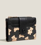 Black Cute Bear Print Bifold Wallet - PU Leather & Polyester Card Holder with Zip Coin Purse & ID Window - Compact Foldable Wallet for Women & Students