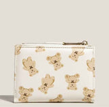 Brown Cute Bear Print Bifold Wallet - PU Leather & Polyester Card Holder with Zip Coin Purse & ID Window - Compact Foldable Wallet for Women & Students