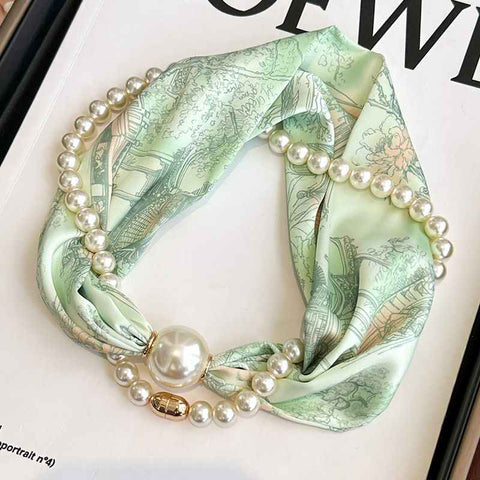 Light Green 2-in-1 Magnetic Pearl Scarf & Necklace Set - Floral Print Polyester Neck Wrap with Detachable Bead Chain
