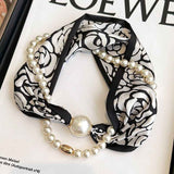Black flowers 2-in-1 Magnetic Pearl Scarf & Necklace Set - Floral Print Polyester Neck Wrap with Detachable Bead Chain