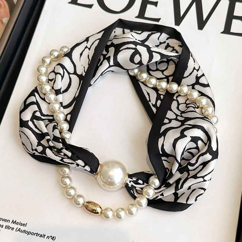 Black flowers 2-in-1 Magnetic Pearl Scarf & Necklace Set - Floral Print Polyester Neck Wrap with Detachable Bead Chain