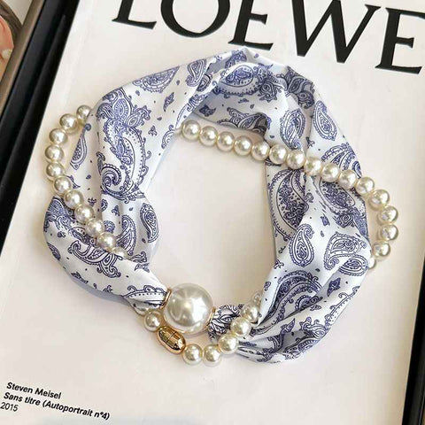 Blue porcelain pattern 2-in-1 Magnetic Pearl Scarf & Necklace Set - Floral Print Polyester Neck Wrap with Detachable Bead Chain