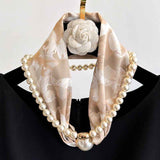 Blue porcelain pattern 2-in-1 Magnetic Pearl Scarf & Necklace Set - Floral Print Polyester Neck Wrap with Detachable Bead Chain