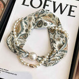 Green leaf pattern 2-in-1 Magnetic Pearl Scarf & Necklace Set - Floral Print Polyester Neck Wrap with Detachable Bead Chain