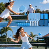 Blue Fiberglass Pickleball Paddle Set - 4 Minimalist Paddles, 8 Balls, and 2 Carry Bags for Outdoor Play