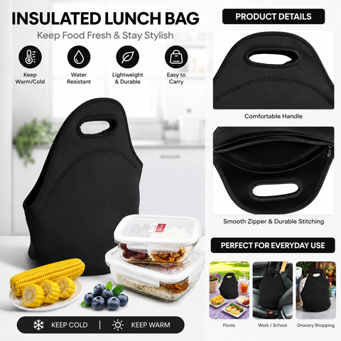 Black Reusable Neoprene Insulated Lunch Bag – Waterproof Thermal Tote for Work, School & Picnics (30x17x30cm) In Australia - Darrahopens