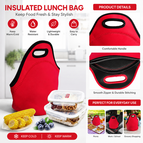 Red Reusable Neoprene Insulated Lunch Bag – Waterproof Thermal Tote for Work, School & Picnics (30x17x30cm) In Australia - Darrahopens