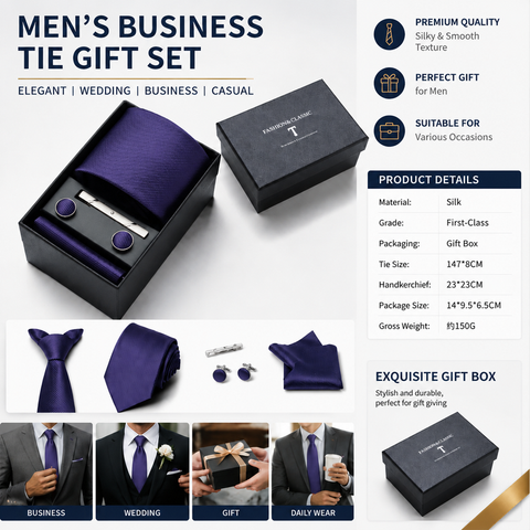 HB376 Purple Premium Men's 4-Piece Formal Tie Set -  Necktie, Pocket Square, Cufflinks, and Tie Clip in a Luxury Gift Box In Australia - Darrahopens