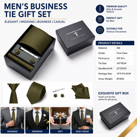 HB378 Dark Green Premium Men's 4-Piece Formal Tie Set -  Necktie, Pocket Square, Cufflinks, and Tie Clip in a Luxury Gift Box In Australia - Darrahopens