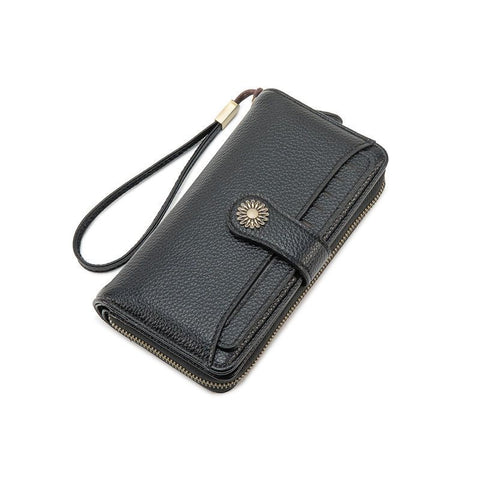 Black Women's Long Zipper Wallet with Wristlet – Multi-Card Slots, Phone Compartment & Coin Pocket (200g)