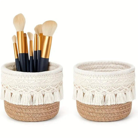 Khaki Boho Cotton Rope Tassel Storage Baskets – Set of 2 Round Woven Organizers for Makeup Brushes & Desktop Essentials (12cm Diameter)