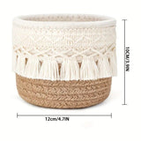 Khaki Boho Cotton Rope Tassel Storage Baskets – Set of 2 Round Woven Organizers for Makeup Brushes & Desktop Essentials (12cm Diameter)