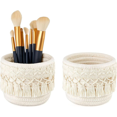 Beige Boho Cotton Rope Tassel Storage Baskets – Set of 2 Round Woven Organizers for Makeup Brushes & Desktop Essentials (12cm Diameter)